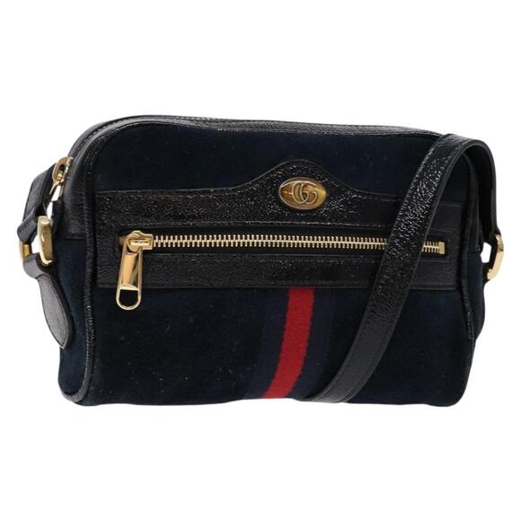GUCCI Sherry Line Shoulder Bag Suede Navy Gold - Picture 1 of 16